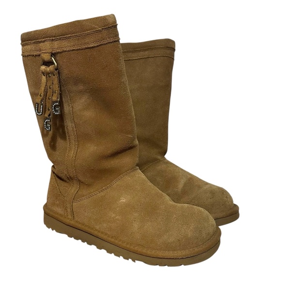 UGG Girls Size 5 Larynn Rhinestone Charms Tan Y2K Suede Boots Women’s SZ 6.5/7 - Picture 2 of 11
